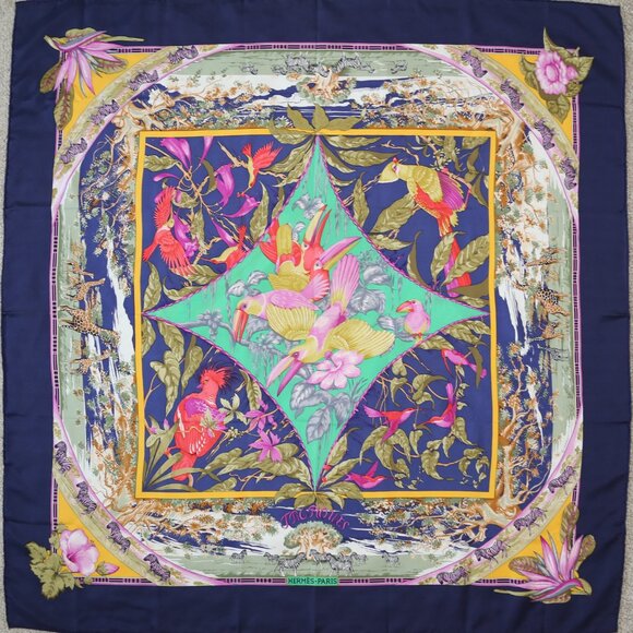 Auth Hermes "Tropiques" by Laurence Bourthoumieux silk scarf vtg Barely Used Con - Picture 1 of 12